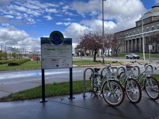 New bike rack and bike share bicycles.