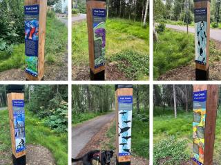 Six artistic trail signs for Fish Creek Ch'atanaltsegh installled along trail.