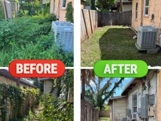 Before and after photos of yard cleanup.