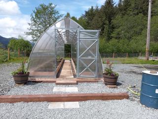 Greenhouse covering raised garden beds.