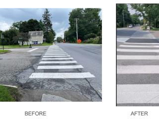 Before/After photos of crosswalk with pedestrian island.