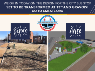 Flyer for bus stop amenity survey with before and after images.