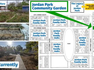 Photo collage of photos of garden before and map of where garden located.