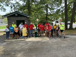 Attendees at ribbon cutting for new drinking fountain.