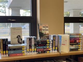 Display of Large Print books at library.