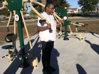 Older adults using new fitness equipment.