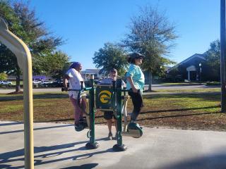 Older adults using new fitness equipment.