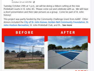 Social media post with before and after pictures of pickleball court.