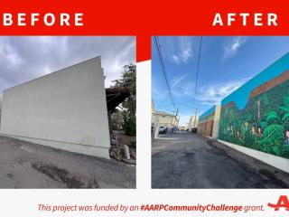 Before and After photos of two alley murals.