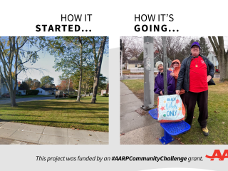 Before and after photos of the bus stop seating.