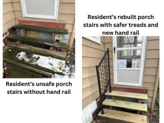 Before and After photo of repaired stairs with handrail.