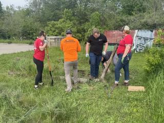 Preparing community garden for raised beds.