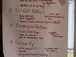 Flipchart notes on disaster preparedness.