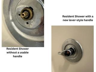 Before and after photo of shower faucet without/with handle.