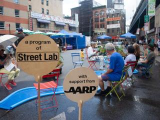 "Oasis" pop-up cooling station on street.