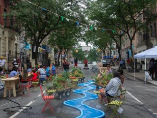 "Oasis" pop-up cooling station on street.