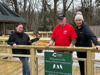 Woman holding a raptor on the new raised walkway.